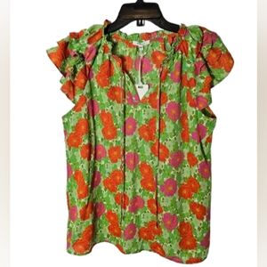 Pleione Polyester Green Floral Ruffle Sleeve Blouse Women's Size Large NWT